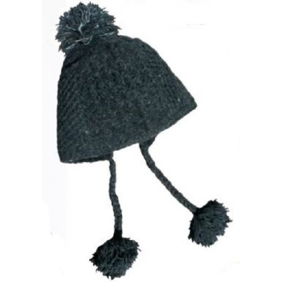 Wool knitted beanie with pompoms - Charcoal (Unisex)